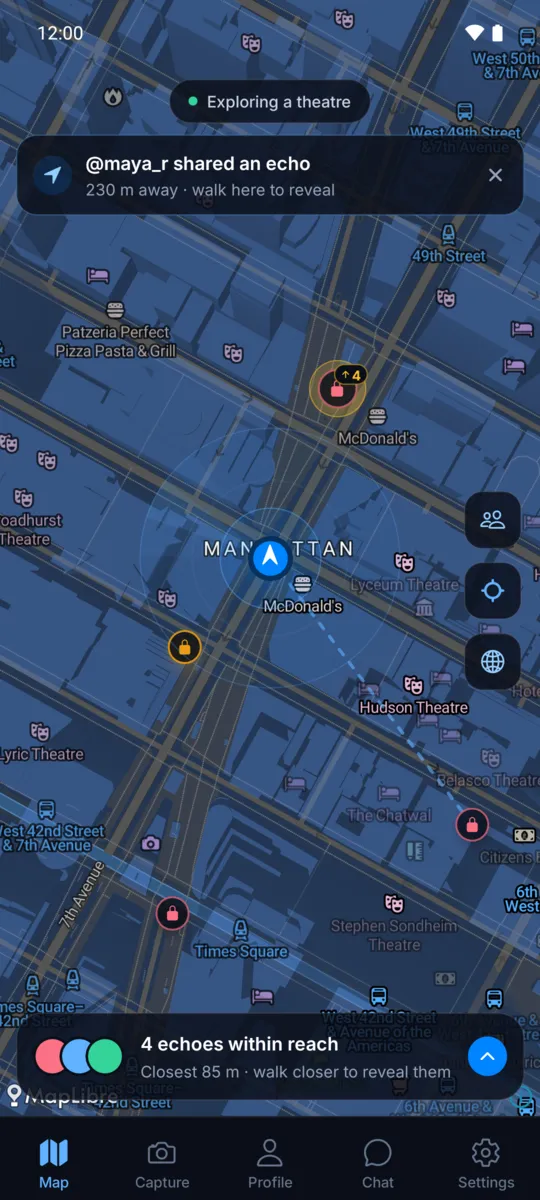 La mappa di EchoFrame a Times Square: un amico ha lasciato un echo a 230 metri, e per aprirlo bisogna arrivarci a piedi